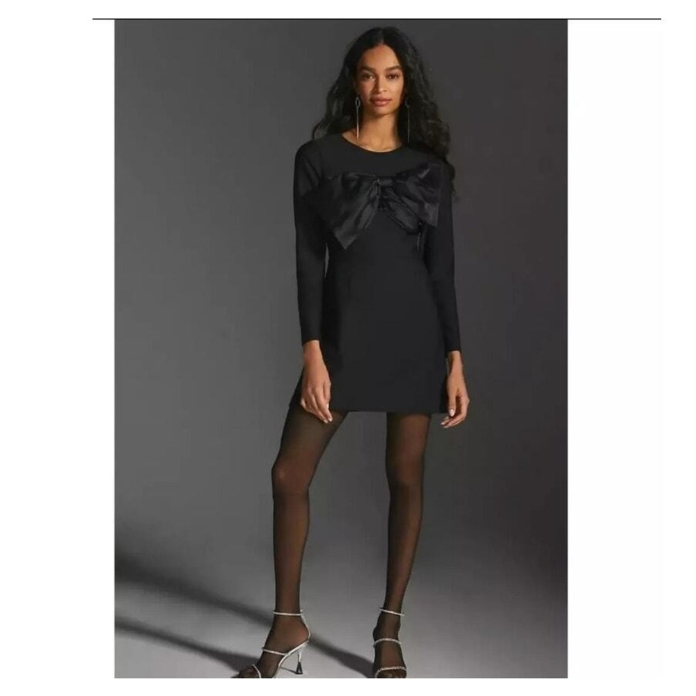 New Anthropologie Hutch Bow Mini Dress Size 4 Black Satin Romantic Classy NWT